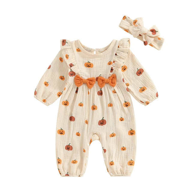 Halloween Ruffle Pumpkin  Rompers with Headband Set