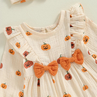 Halloween Ruffle Pumpkin  Rompers with Headband Set