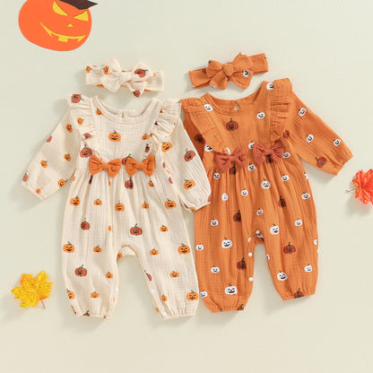 Halloween Ruffle Pumpkin  Rompers with Headband Set