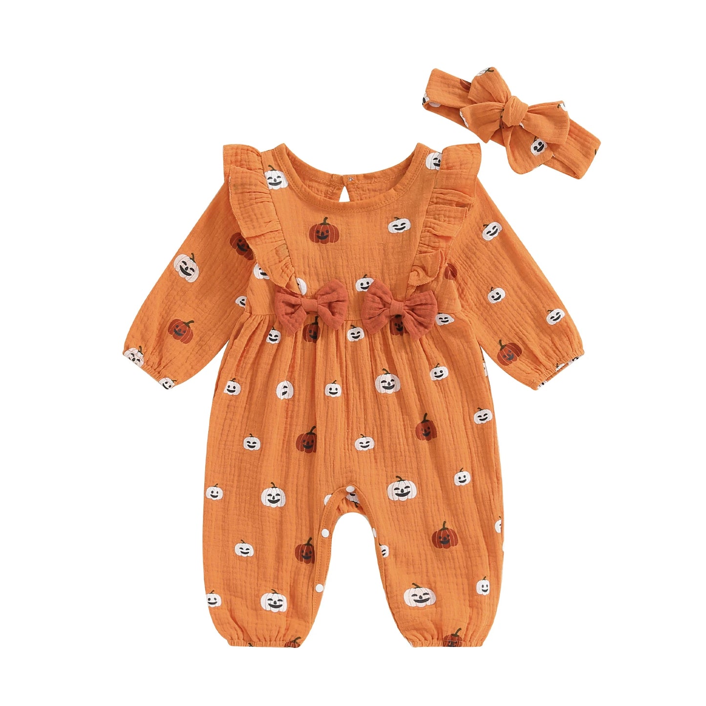 Halloween Ruffle Pumpkin  Rompers with Headband Set