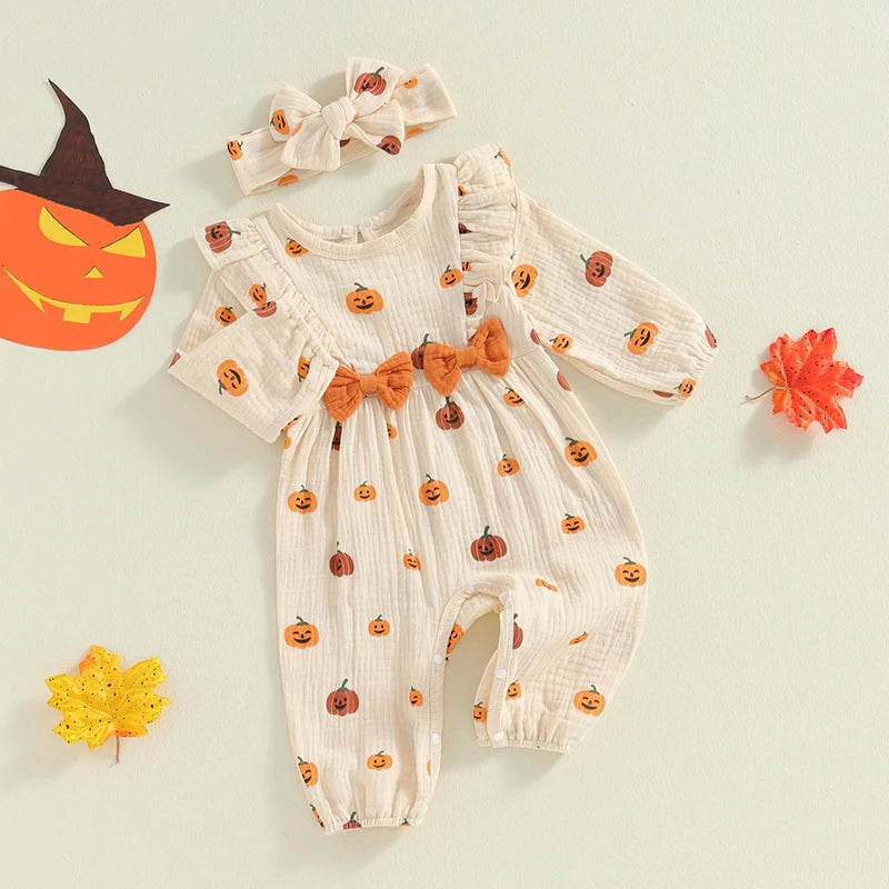 Halloween Ruffle Pumpkin  Rompers with Headband Set